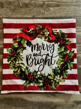 Christmas Merry and Bright Red Holiday Decorative Pillow Cover 17 in by 17 in